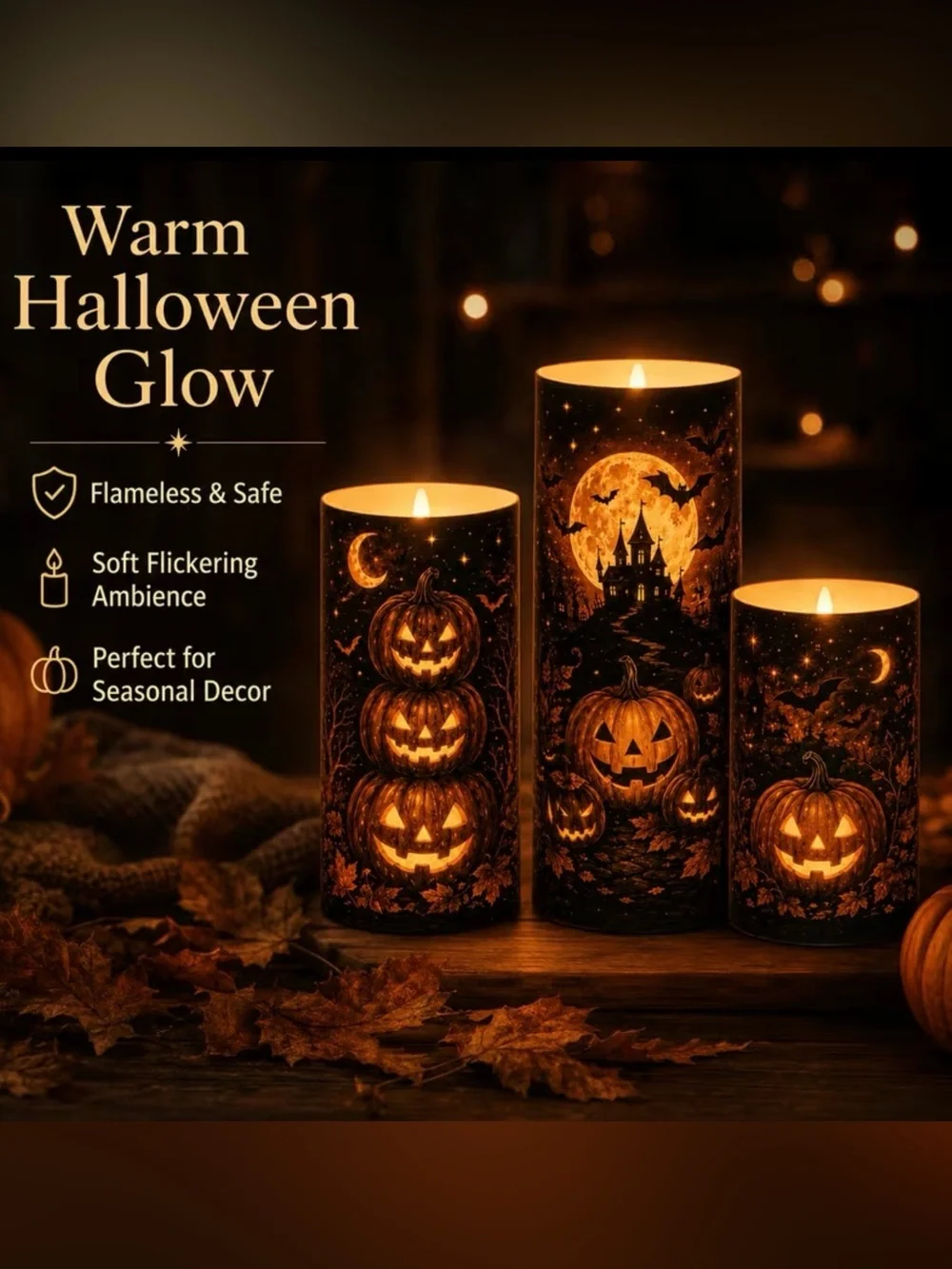 New Halloween LED Pillar Candle Set - Orange Pumpkin Design